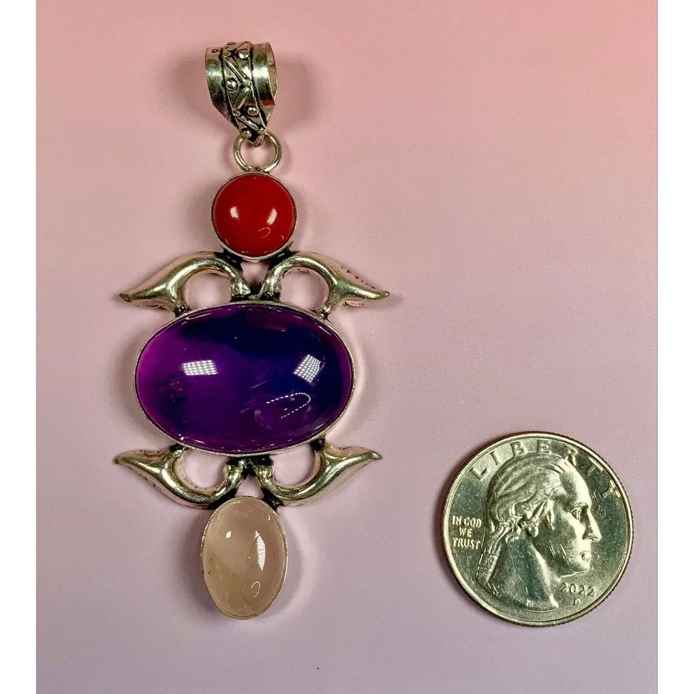💜❤️🤍 Amethyst Coral & Rose‎ Quartz Statement Pendant Boho Cabochon 🤍❤️💜